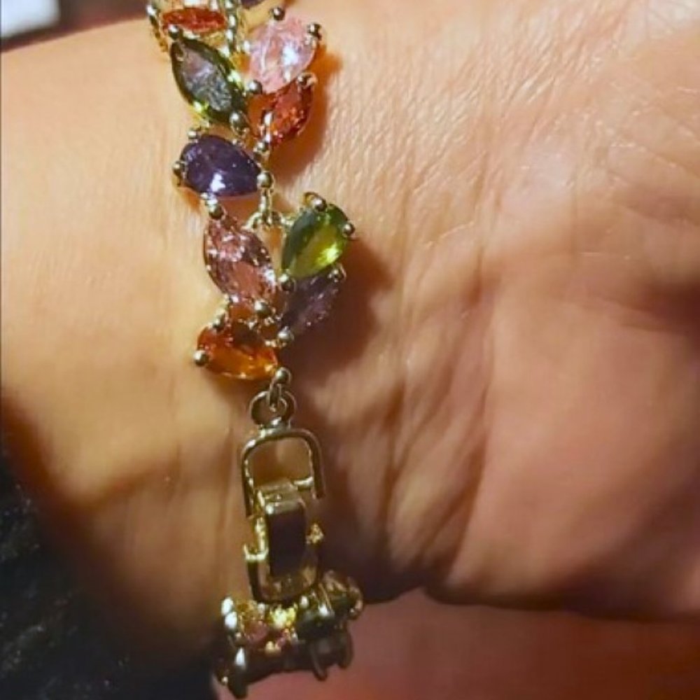18K Gold Plated Rainbow Zircon Tennis Bracelet Colorful Crystal Link 8.27" - Picture 6 of 6